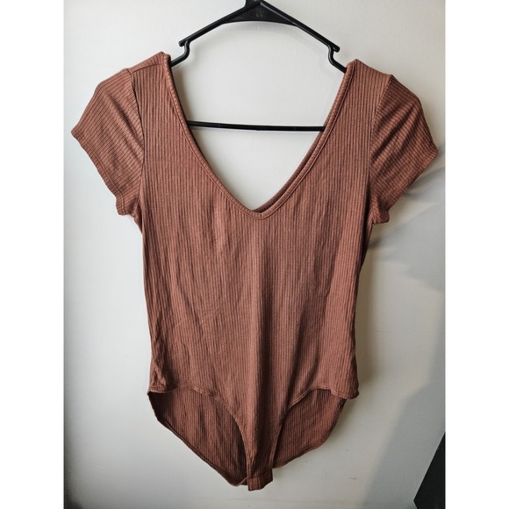 Womens Short Sleeve Brown V Neck Bodysuit Sz Medium